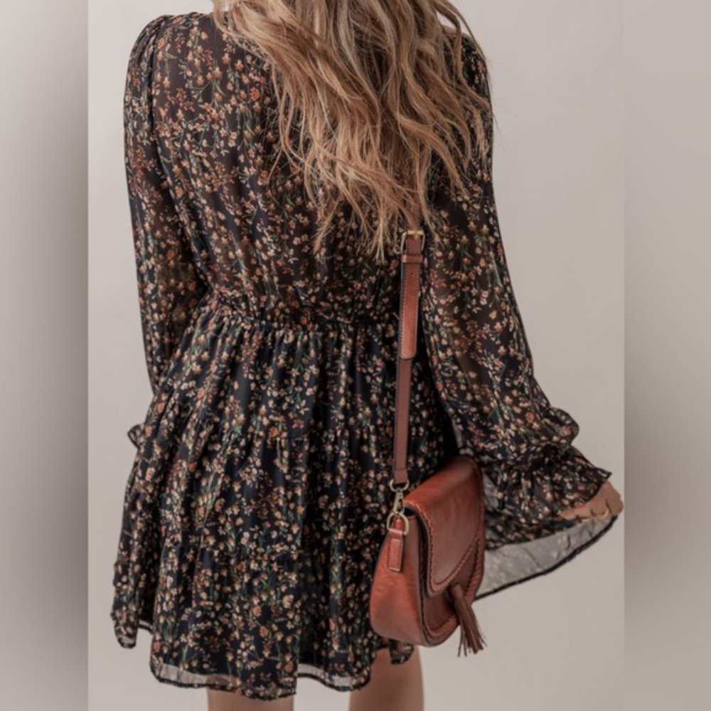 Amelia Black Floral Print Ruffled Puff Mini Dress - Picture 2 of 5